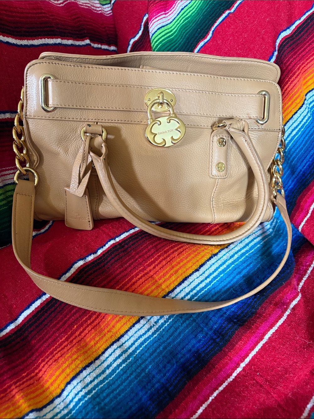 Emma Fox Beige Leather Shoulder Bag with Gold Hardware